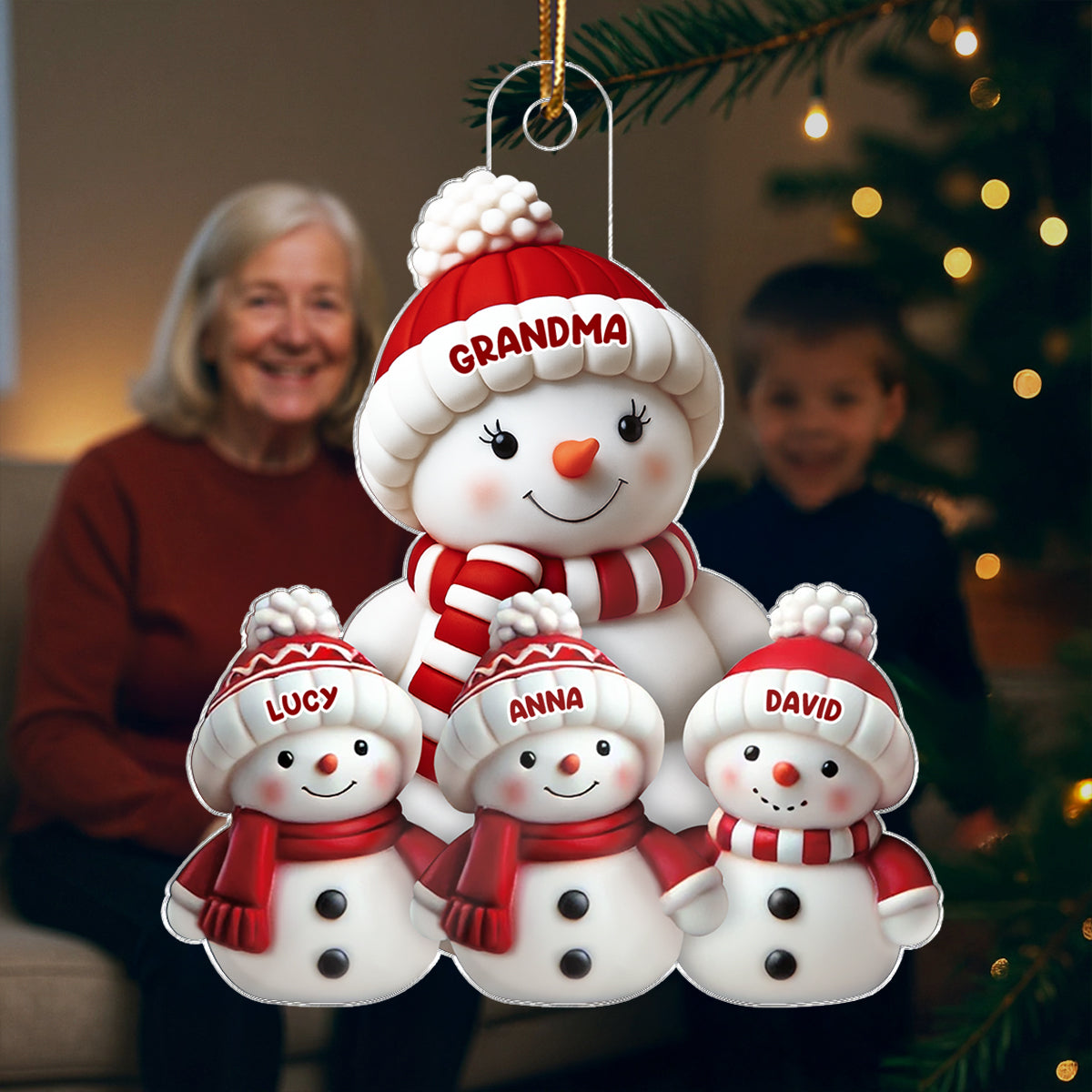 3D Effect Cute Snowman Grandma & Grandkids - Personalized Acrylic Ornament - Christmas Decor For Family, Grandma