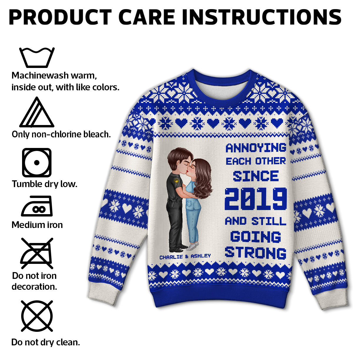 Christmas Hugging Kissing Couple Occupation Personalized Faux Knitting Ugly Sweater, Gift For Him, For Her, For Police, Nurse, Firefighter, EMS, Military