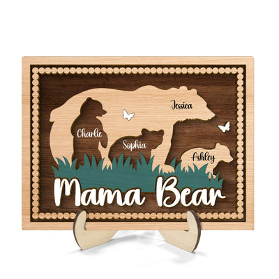Mama Bear With Kids Names Personalized 2-Layer Wooden Plaque