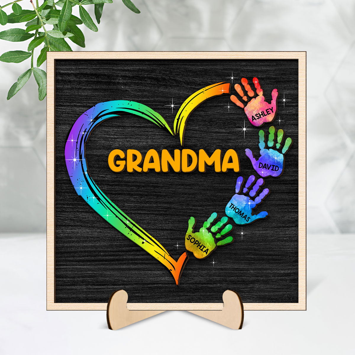 Grandma Mom Galaxy Hand Print Personalized 2-Layer Wooden Plaque
