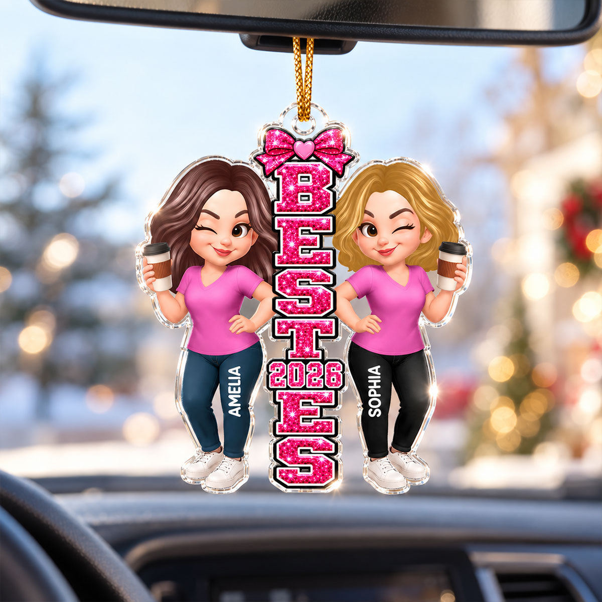Trending Pink Besties Sisters - Personalized Acrylic Ornament - Christmas Gift For Friends, Family, Girls