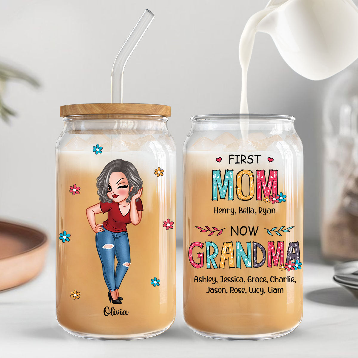 First Mom Now Grandma Personalized Clear Glass Can