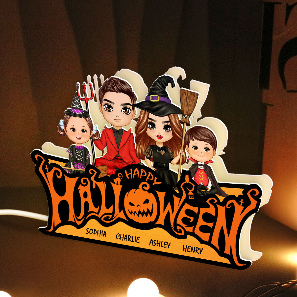 Happy Halloween Jack O Lantern Spooky, Family Sitting Personalized Light Box, Halloween Decor Indoor
