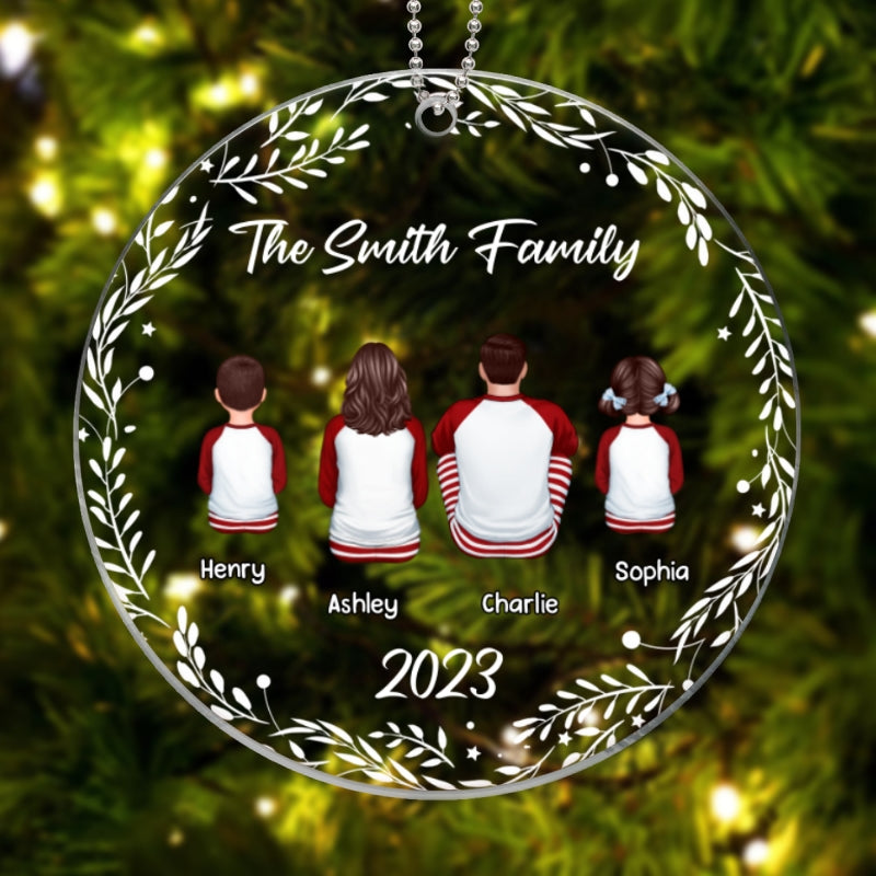 Family Sitting Back View White Frame Personalized Acrylic Ornament