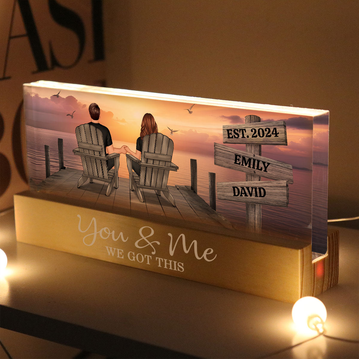 Lake Dock Couple Sitting Holding Hands Sign Posts Personalized Acrylic Block LED Night Light, Home Decoration, Gift For Her, For Him