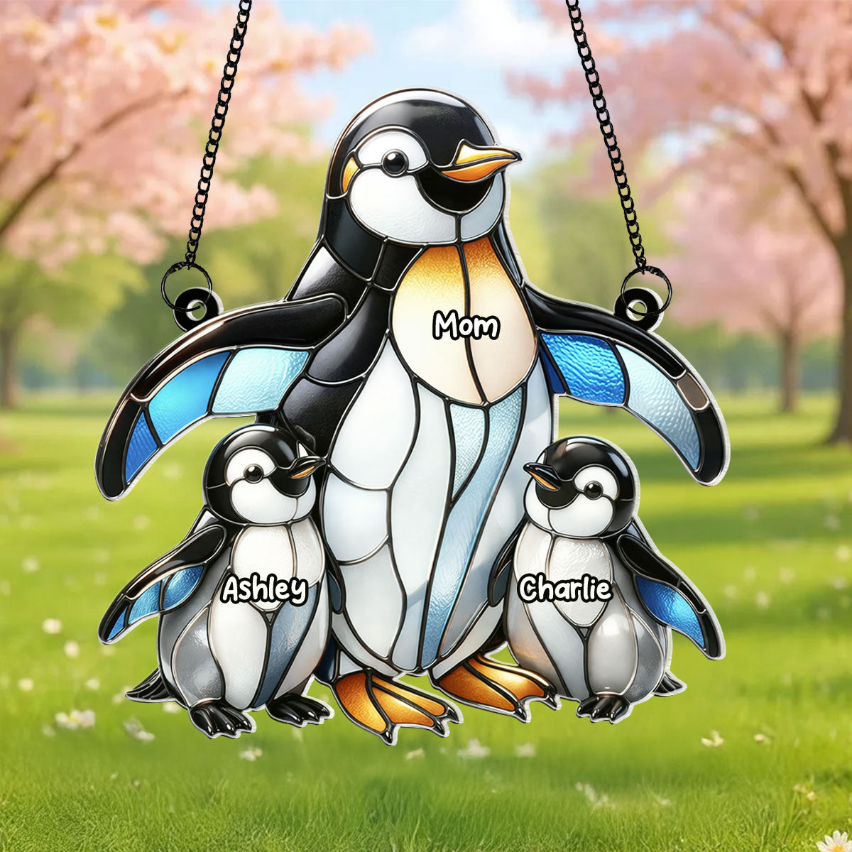 Penguin Mom and Kids - Personalized Acrylic Window Hanging - Mother's Day Gift for Mom, Wife