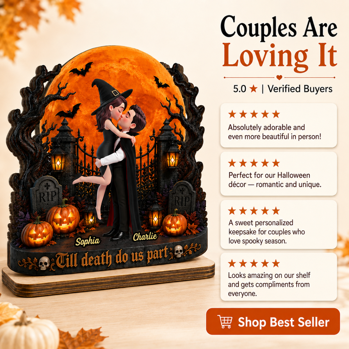 Eternal Love Couple Under Halloween Moon Light - Personalized 2-Layered Wooden Plaque - Halloween Gift For Couple