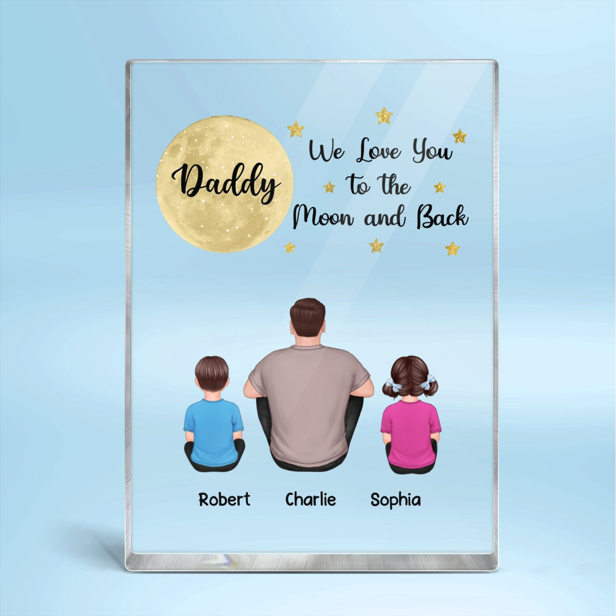 Back View Man Sitting With Kids Dogs Cats Dad We Love You To The Moon And Back Personalized Vertical Rectangle Acrylic Block Plaque