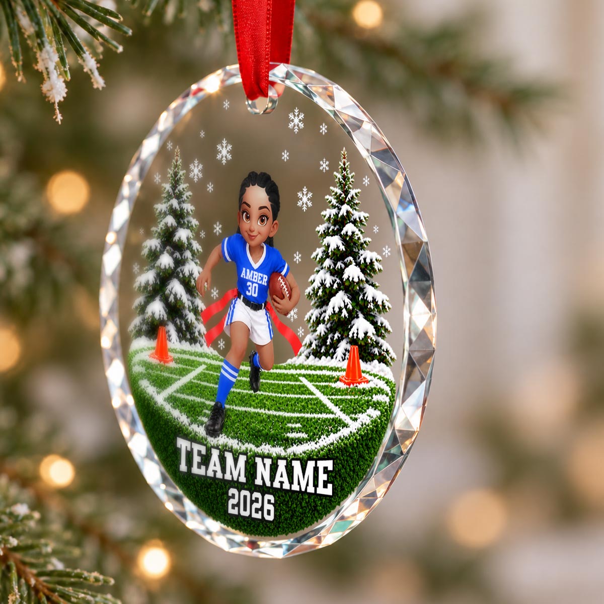 Flag Football Player 2D Flat - Personalized Glass Ornament - Custom Boy & Girl, Team Name Keepsake, Gift for Young Athletes