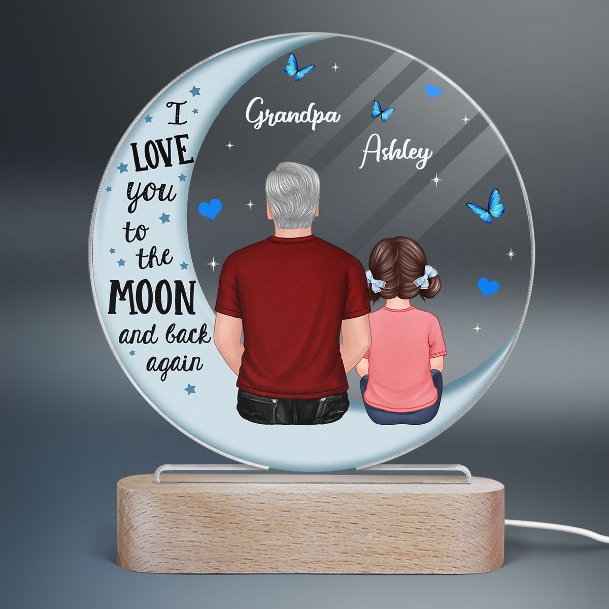 Grandpa Grandkids Blue Moon Personalized Circle LED Night Light Acrylic LED Lamp