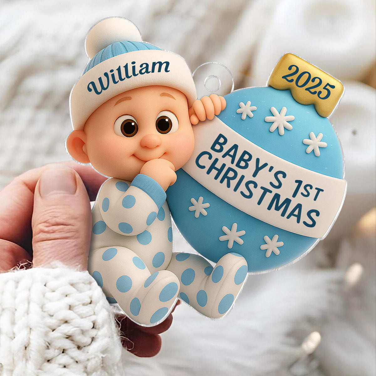 3D Effect Cute Cartoon Baby Beside Christmas Bauble Baby's 1st Christmas Personalized Acrylic Flat Ornament