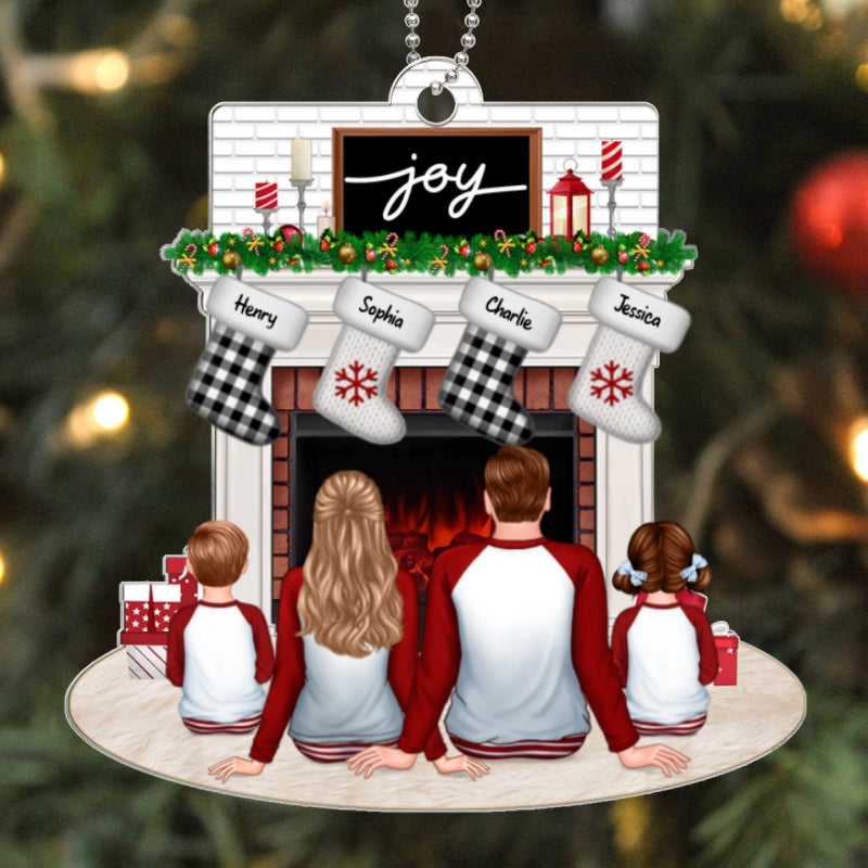 Pajamas Family Dad Mom Kids Dogs Cats Sitting At Christmas Fireplace Personalized Acrylic Ornament