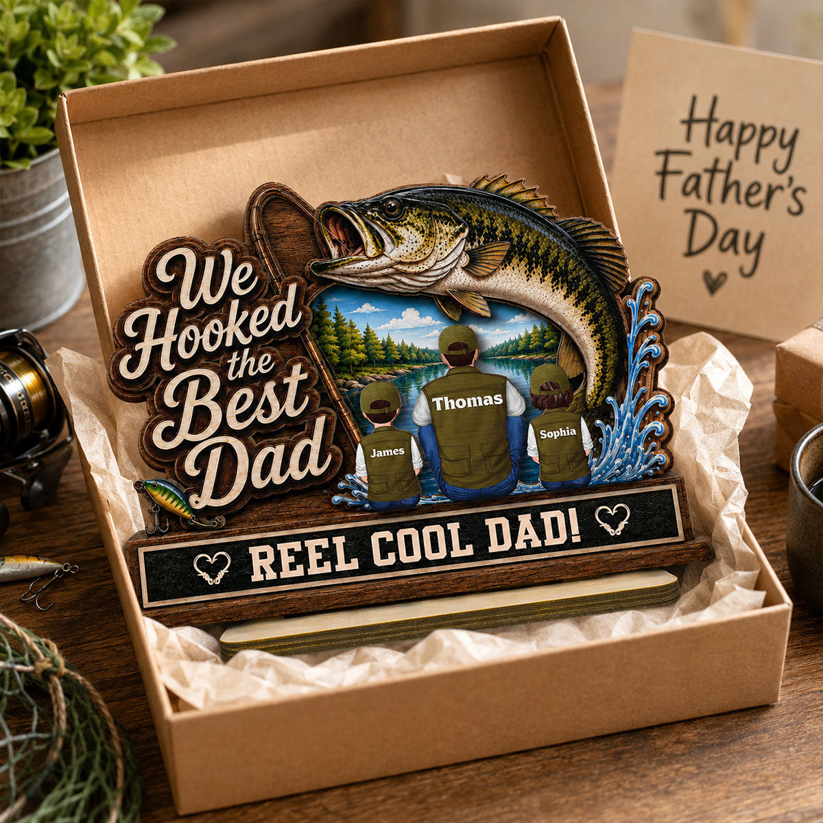 We Hooked The Best Dad Grandpa Back View 2D Flat - Personalized 2-Layered Wooden Plaque - Father's Day Gift For Fishing Lovers