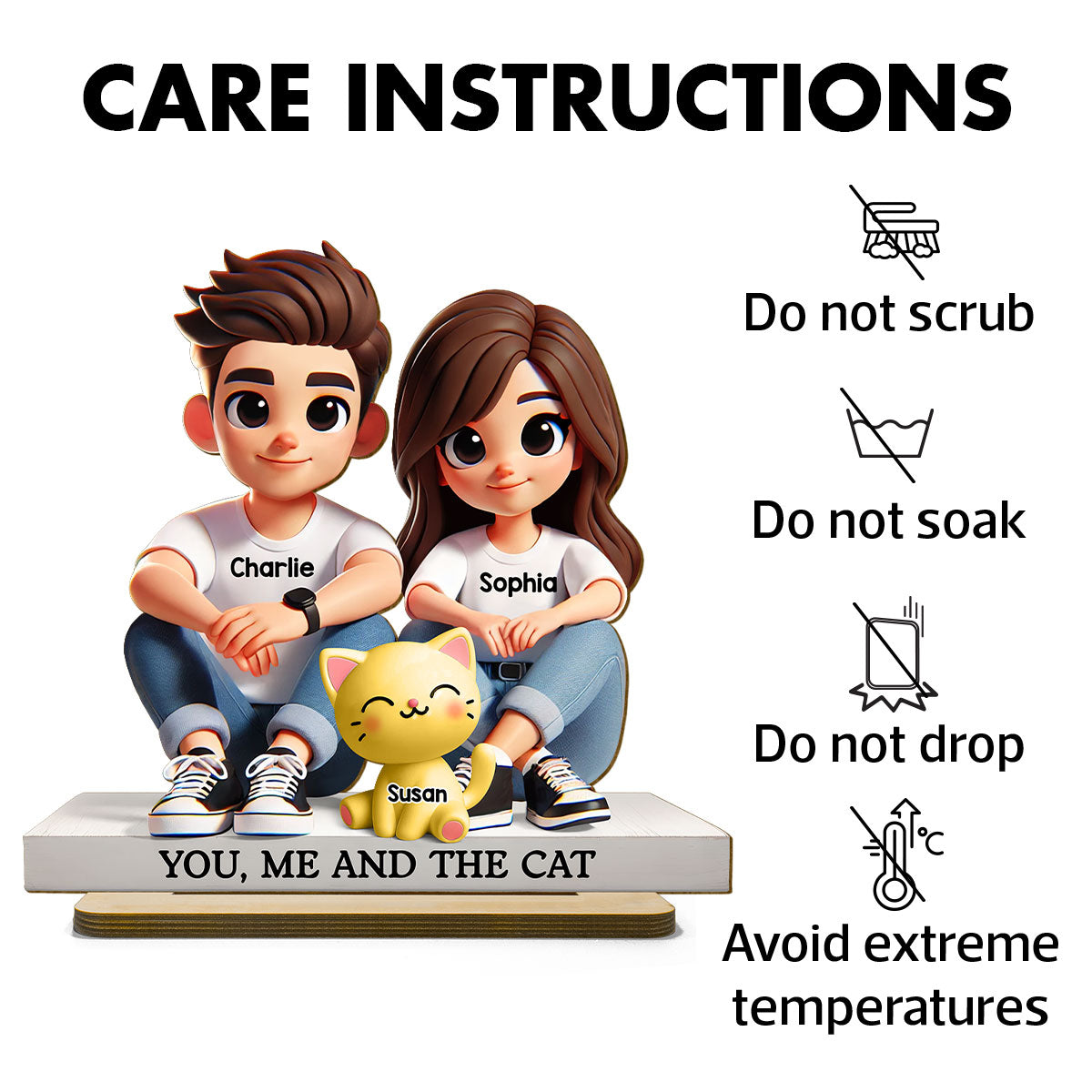 3D Effect Cute Couple And Dogs Cats Personalized Standing Wooden Plaque, Anniversary Gift,  gift, Couple Keepsake