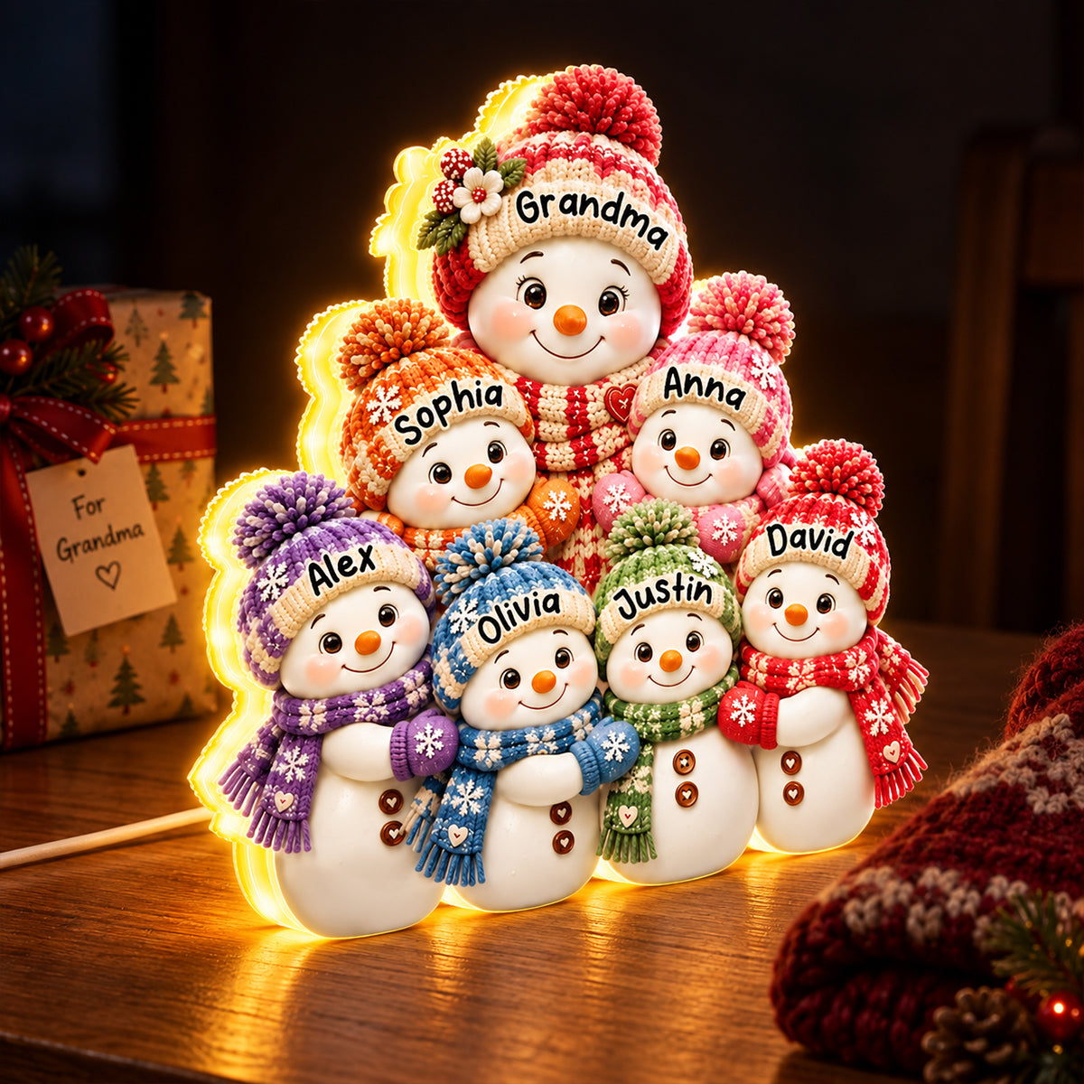 Cute Snowman Grandma Hugging Grandkids - Personalized Light Box - Heartfelt Christmas Gift for Grandma