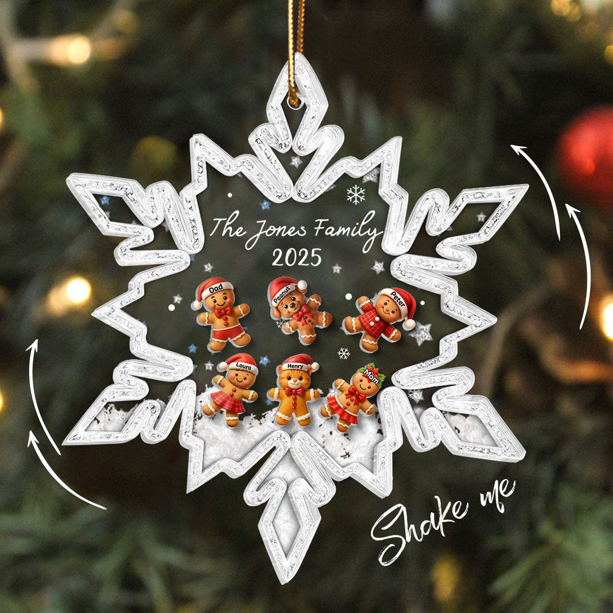 Snowflake Gingerbread Family - Personalized Shaker Ornament - Christmas Gift for Family