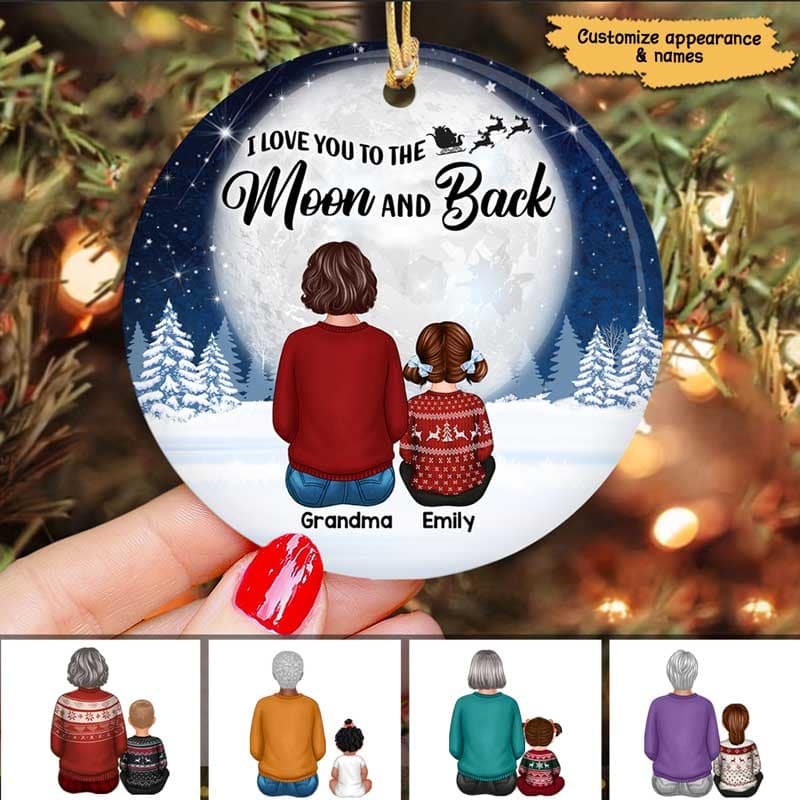 Christmas Night Moon Grandma & Grandkids Back View Personalized Circle Ornament