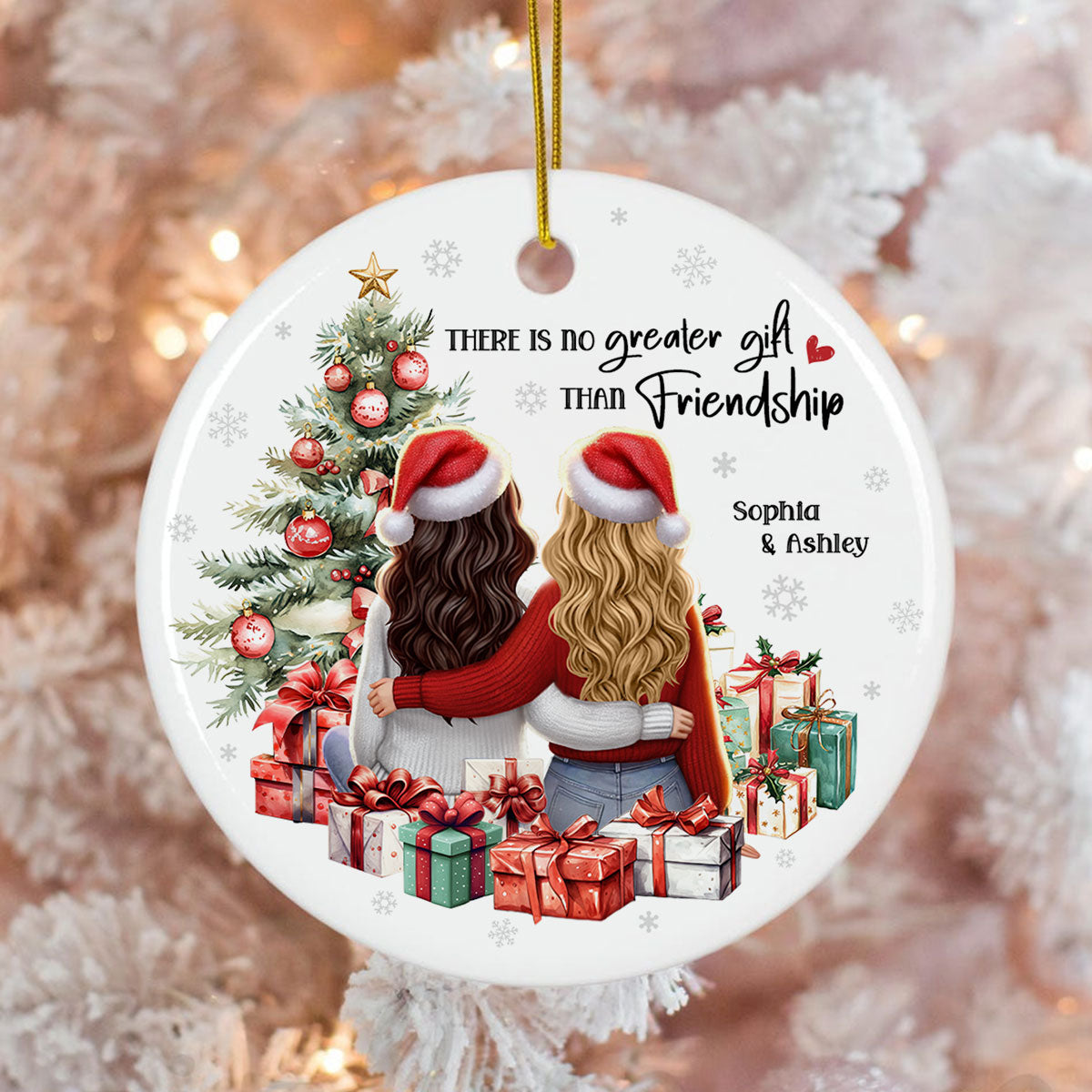 Personalized Christmas Ornament – Besties Sisters by the Tree with Festive Gifts and Holiday Cheer