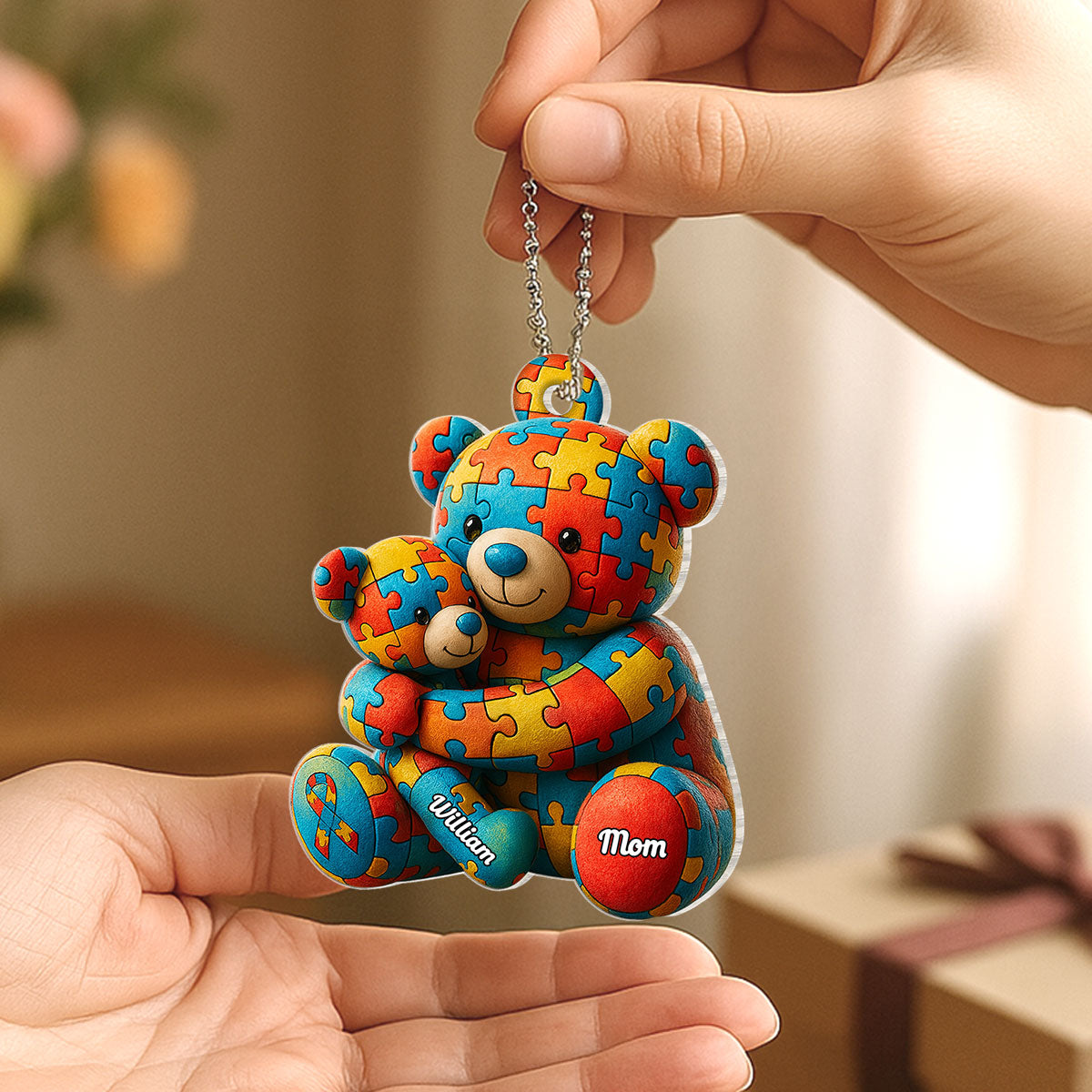 Autism Bear Mom & Kid Autism Awareness Personalized Car Hanger Ornament