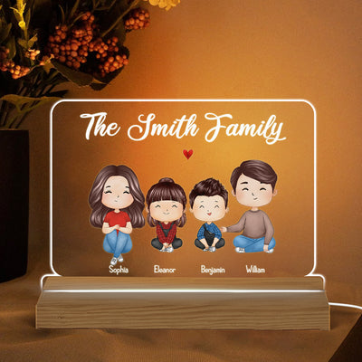 Whole Family Couple Dad Mom Kids Dogs Cats Watercolor Styles Sitting Personalized Custom Shape Acrylic Plaque LED Night Light