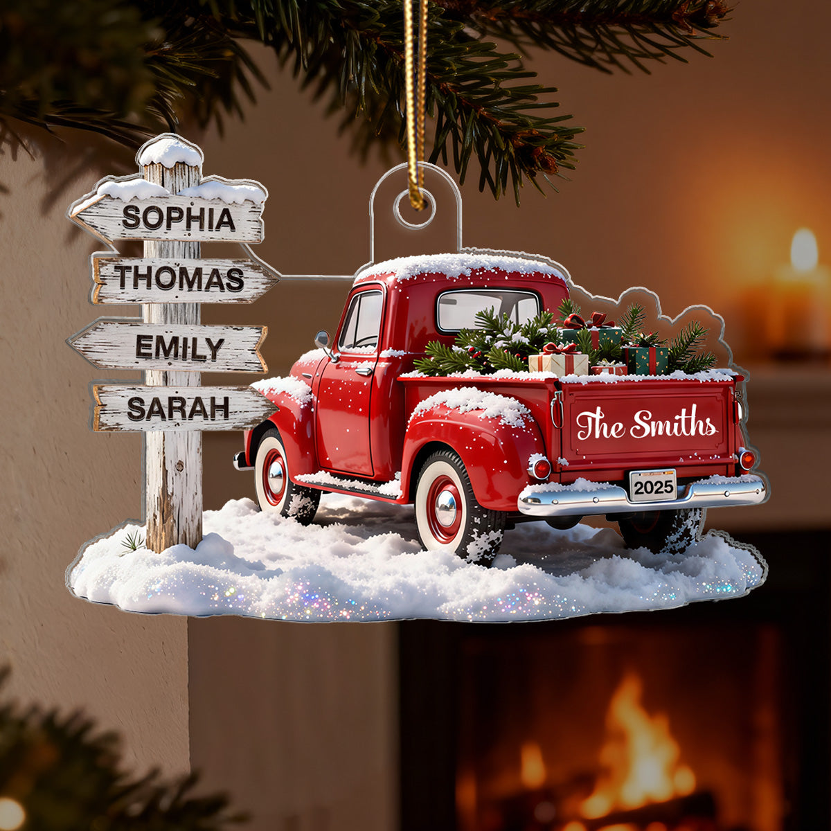 3D Effect Nostalgia Christmas Truck Family Sign Posts Custom Names - Personalized Acrylic Ornament - Gift For Family, Farmhouse Decor