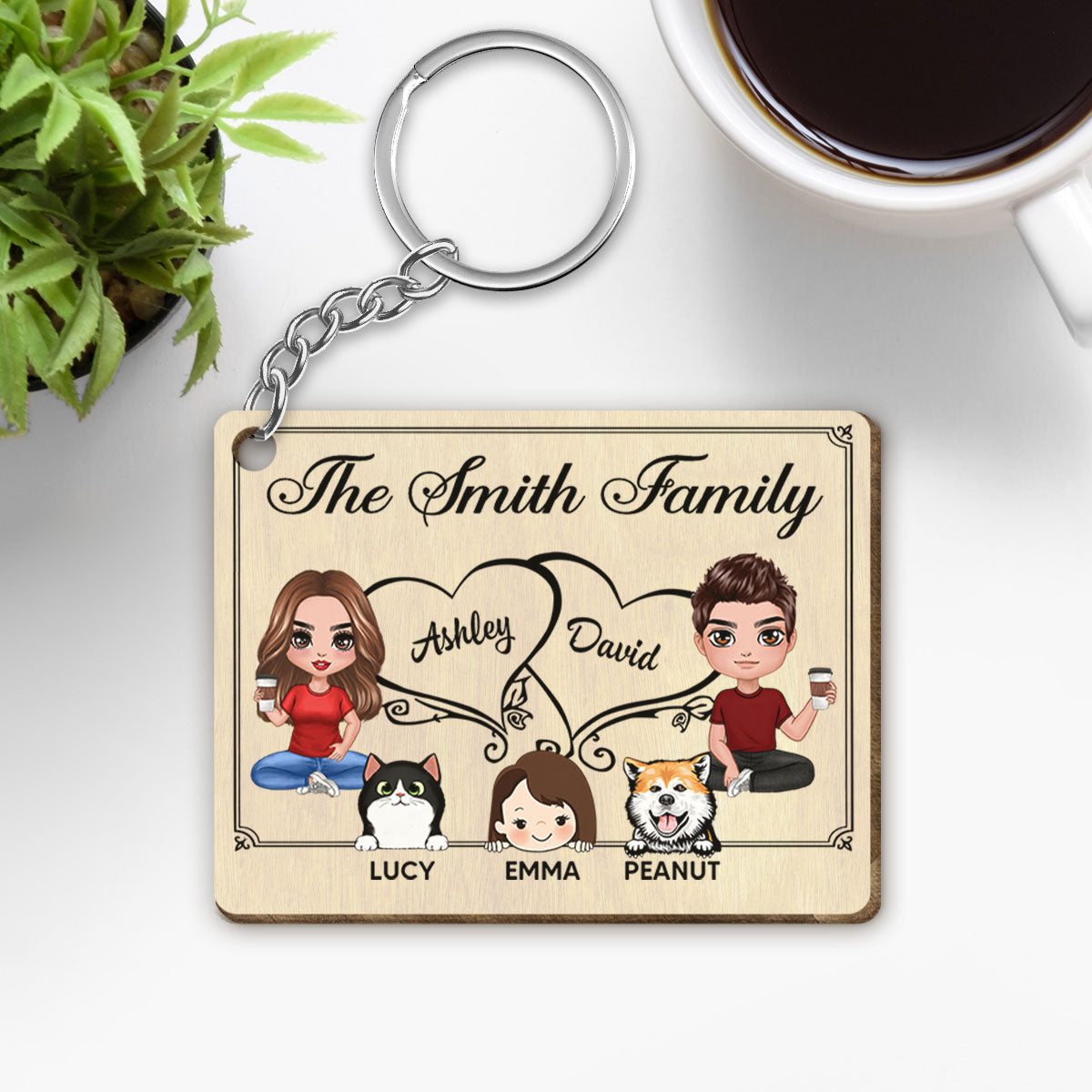 Whole Family Doll Couple Dad Mom Peeking Kids Dogs Cats Personalized Wooden Keychain