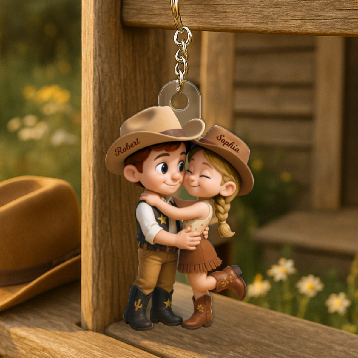 Cartoon Style Countryside Couple Cowboy Cowgirl Couple Matching Personalized Acrylic Keychain