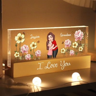 Grandma Hugging Grandkid Birth Month Flower Personalized Acrylic Block LED Night Light, Heartfelt Gift For Grandma, Grandkids