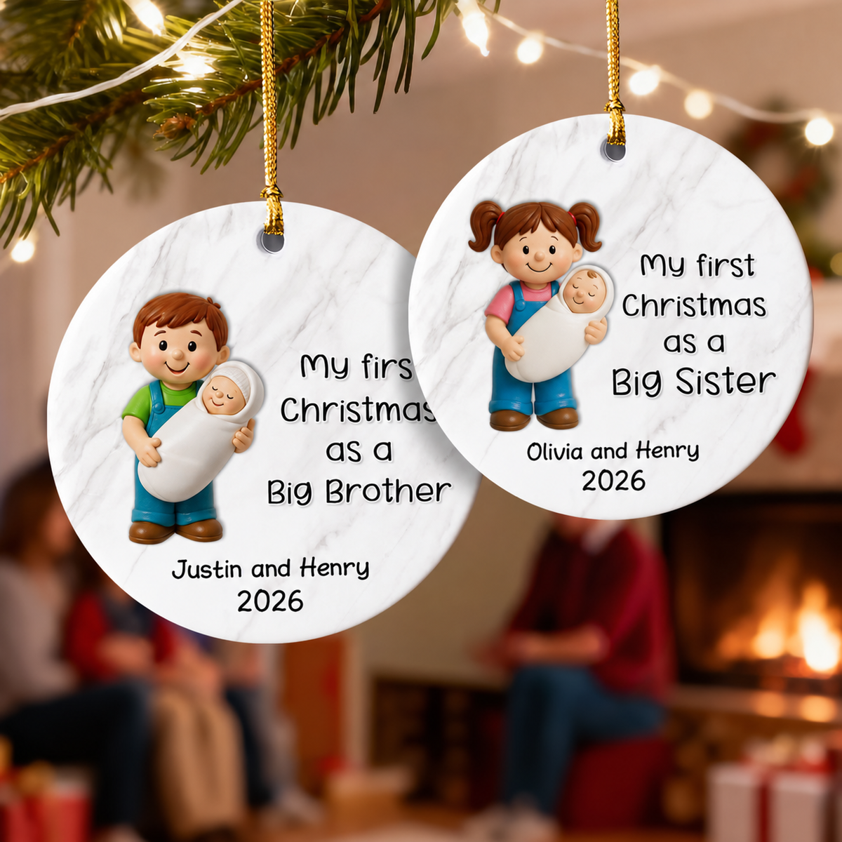My First Christmas As Big Sister Big Brother - Personalized Ceramic Ornament - Proud New Big Siblings Gift