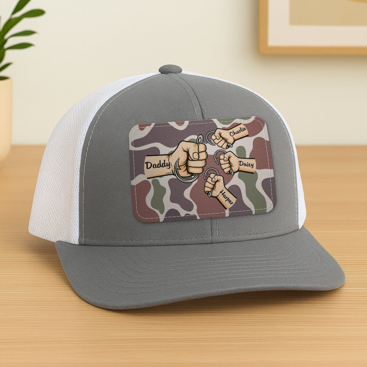 Dad Grandpa & Kids Fist Bump Fishing With Hooks Personalized Leather Patch Hat, Father's Day Gift For Husband, For Dad, For Grandpa