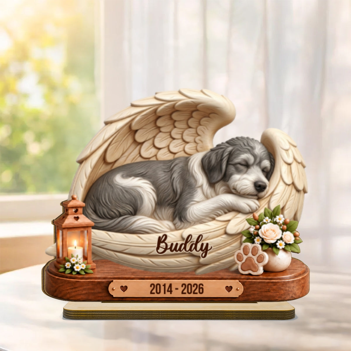 Custom Dog Cat Angel Wing Memorial from Photo - Personalized 2-Layered Wooden Plaque - Heartfelt Sympathy Keepsake for Dog Cat Lovers