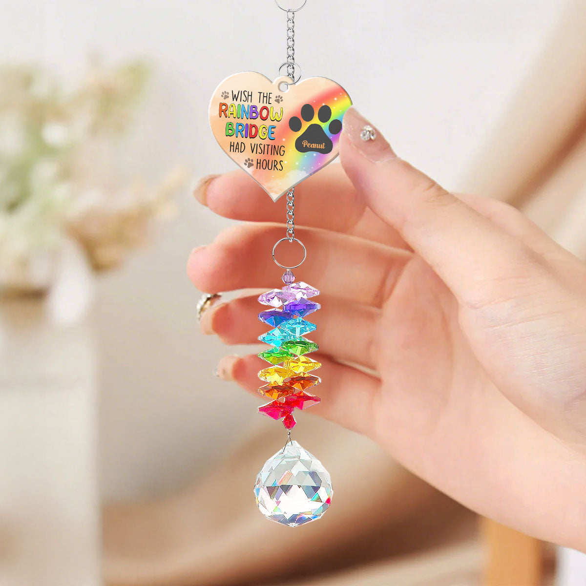Pet Dog Cat Memorial Wish The Rainbow Bridge Had Visiting Hours Personalized Crystal Suncatcher With Aluminum Charm