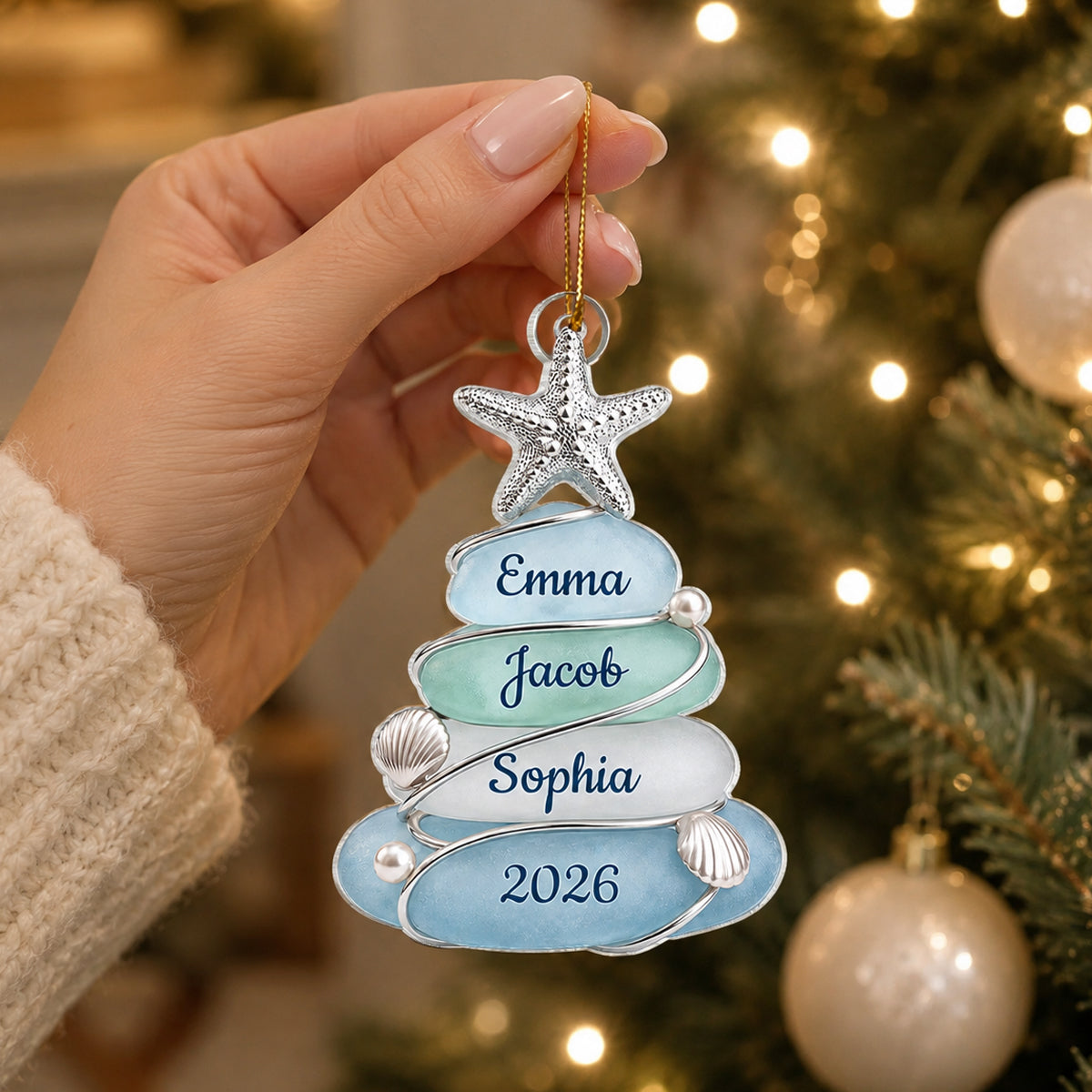 Custom Sea Glass Tree - Personalized Acrylic Ornament - Beach Family Christmas Decor