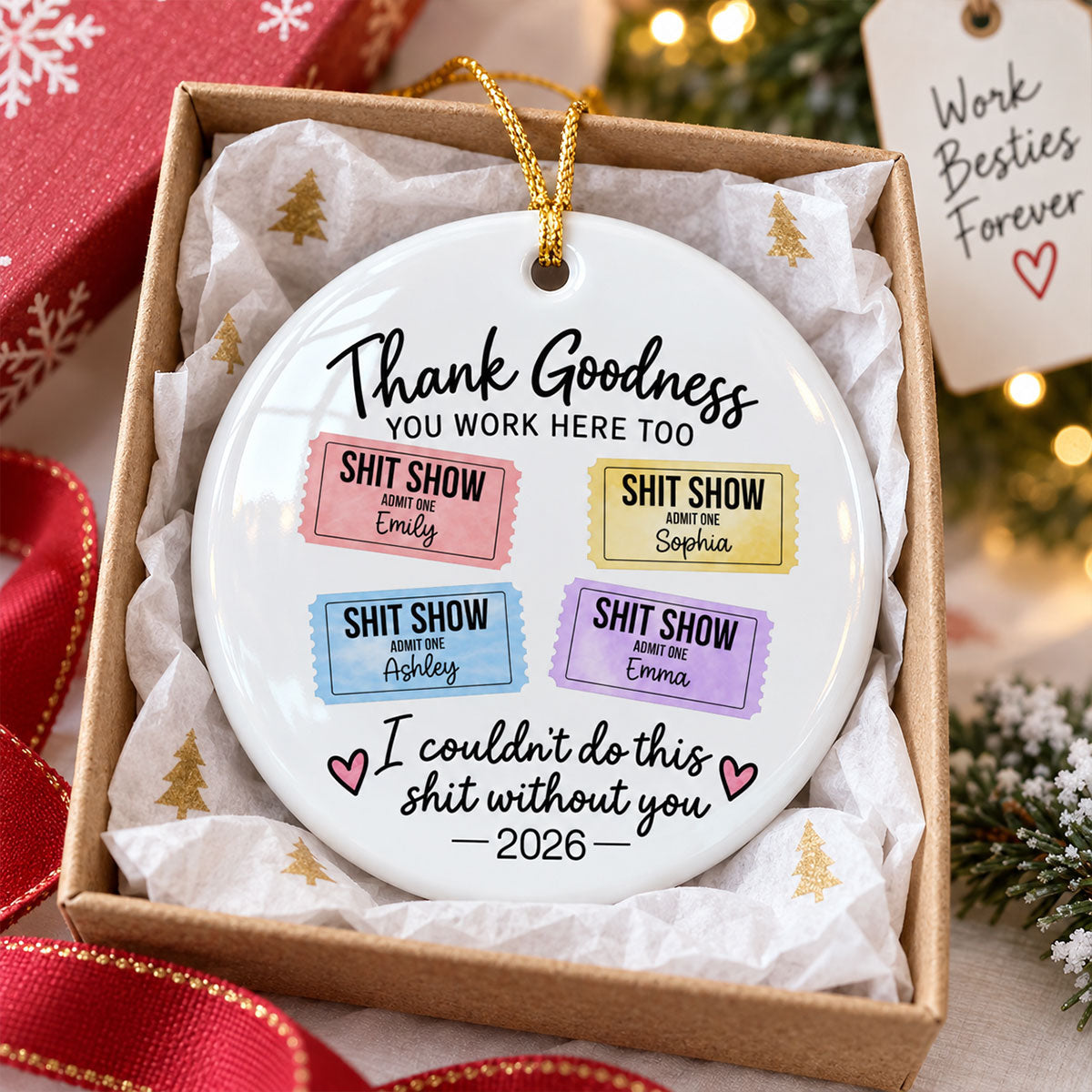 Thank Goodness You Work Here Too – Personalized Ceramic Ornament – Funny Christmas Gift For Coworkers, Work Besties, Team Members