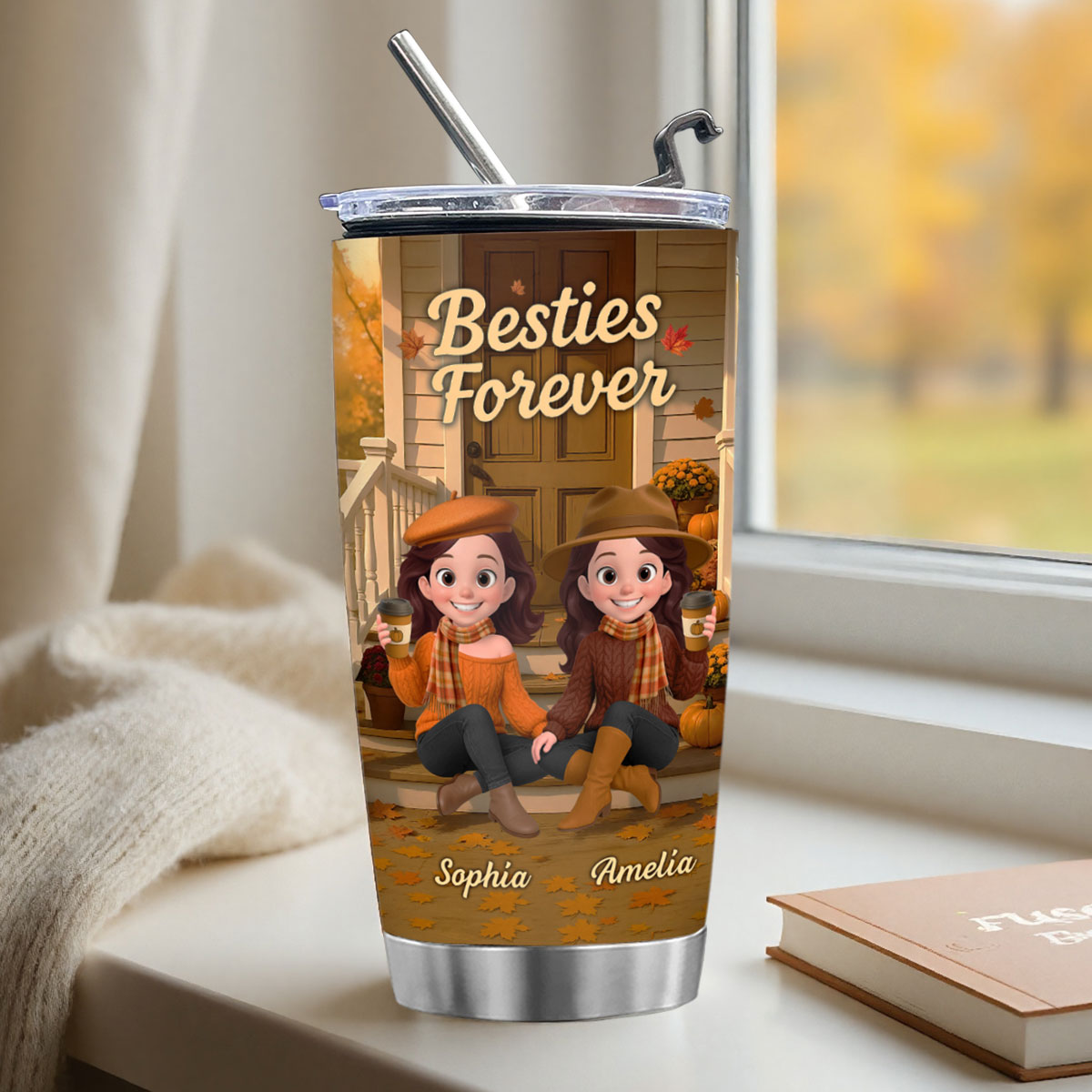 Fall Vibe Besties Sitting On Cozy Theme Front Porch Personalized Tumbler