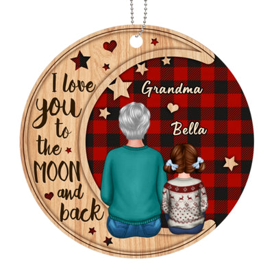 Checkered Pattern Grandma Grandkids On Moon Personalized Wooden Ornament