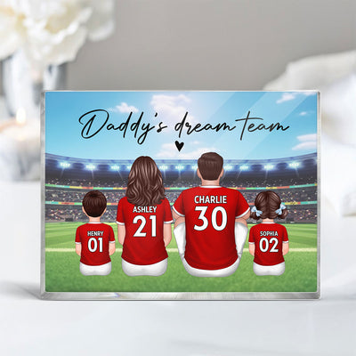 Daddy's Team Soccer Family Sitting Back View Personalized Acrylic Block, Father's Day Gift