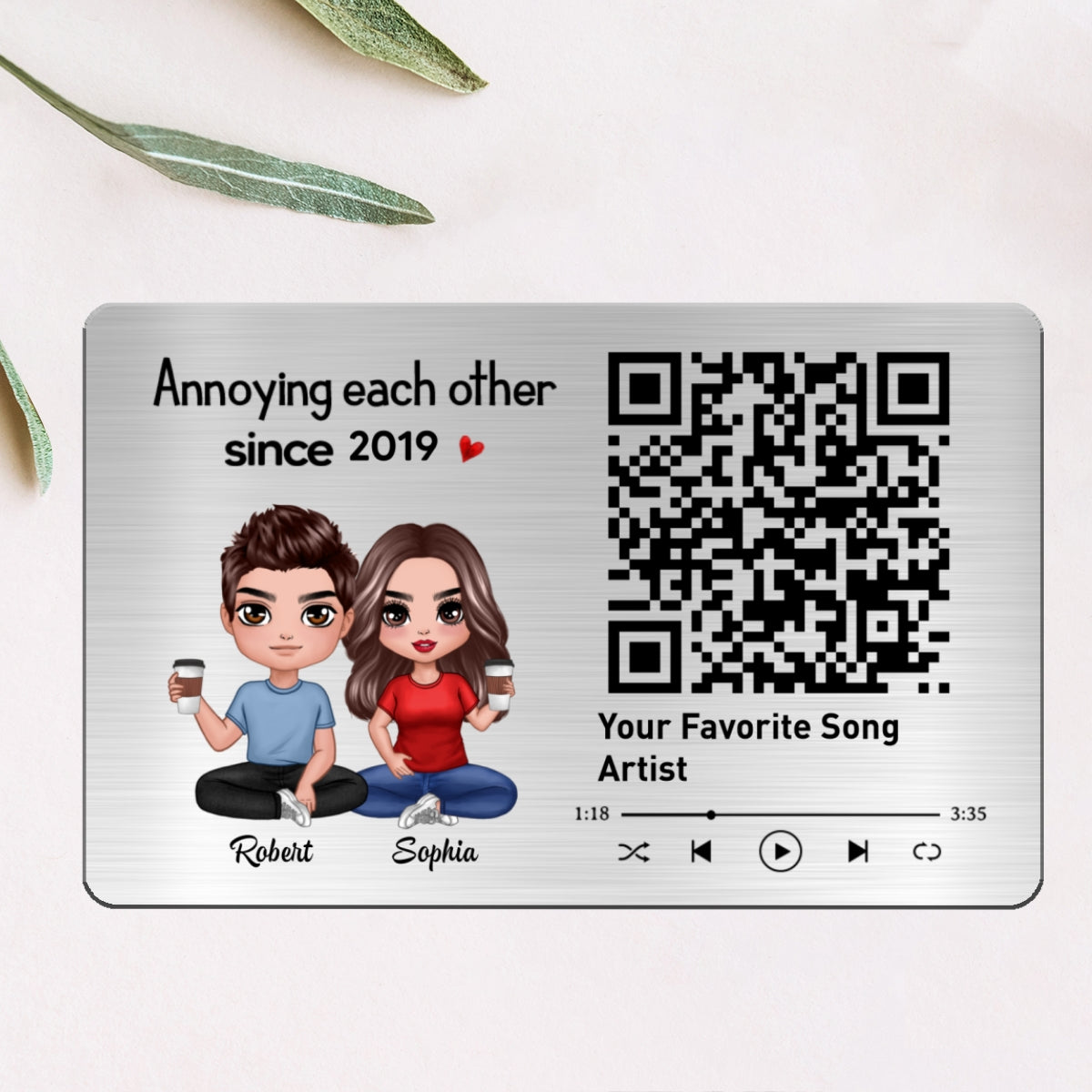 Doll Couple Sitting Together Favorite Song Scannable QR Code Personalized Metal Wallet Card