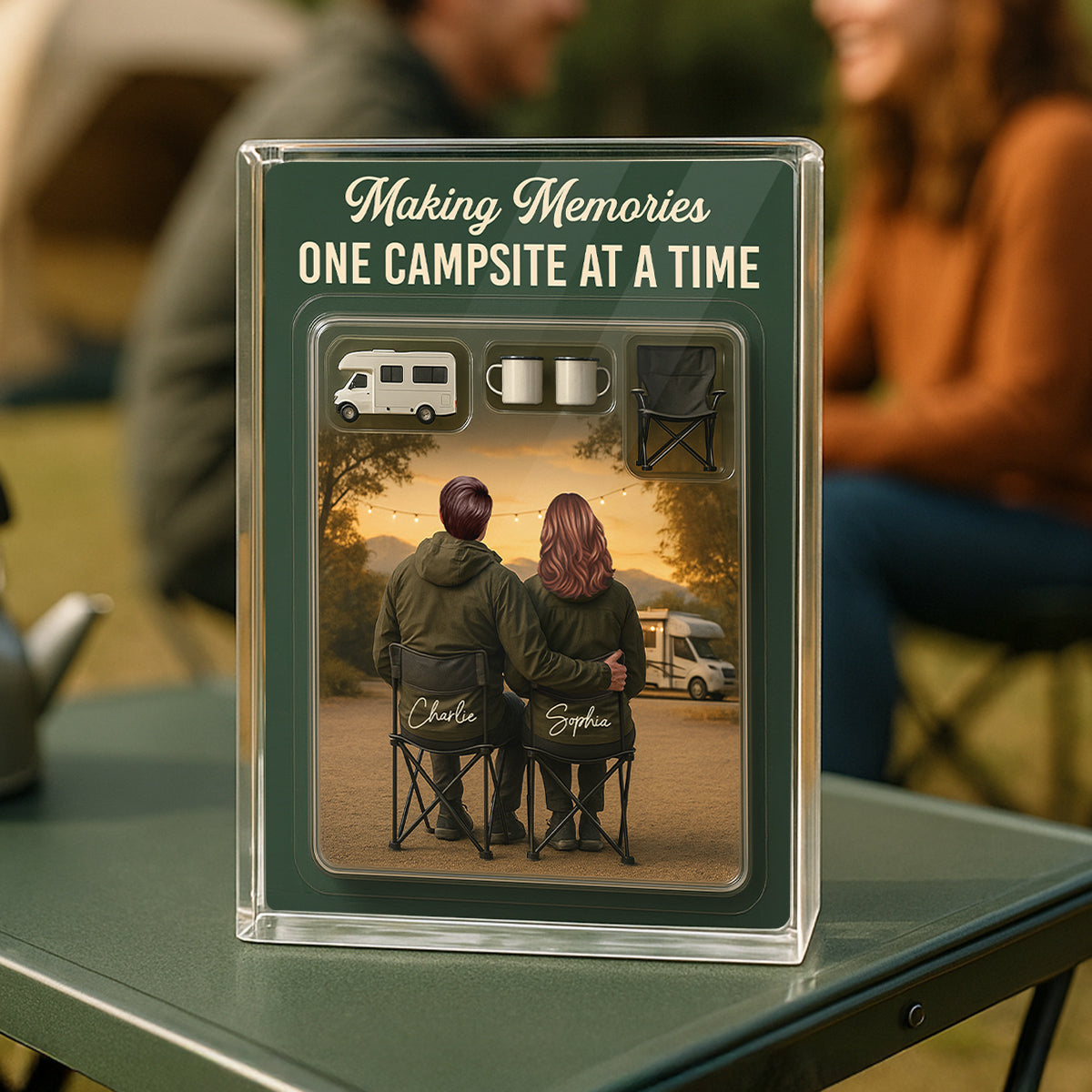 3D Effect Camping Couple Toy Box Custom Figure Personalized Rectangle Acrylic Block Plaque