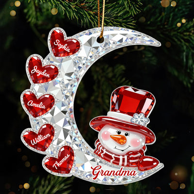3D Effect Flat Snowman Grandma On Moon Grandkids Hearts Names - Personalized Acrylic Ornament - Gift For Grandma, Grandkids