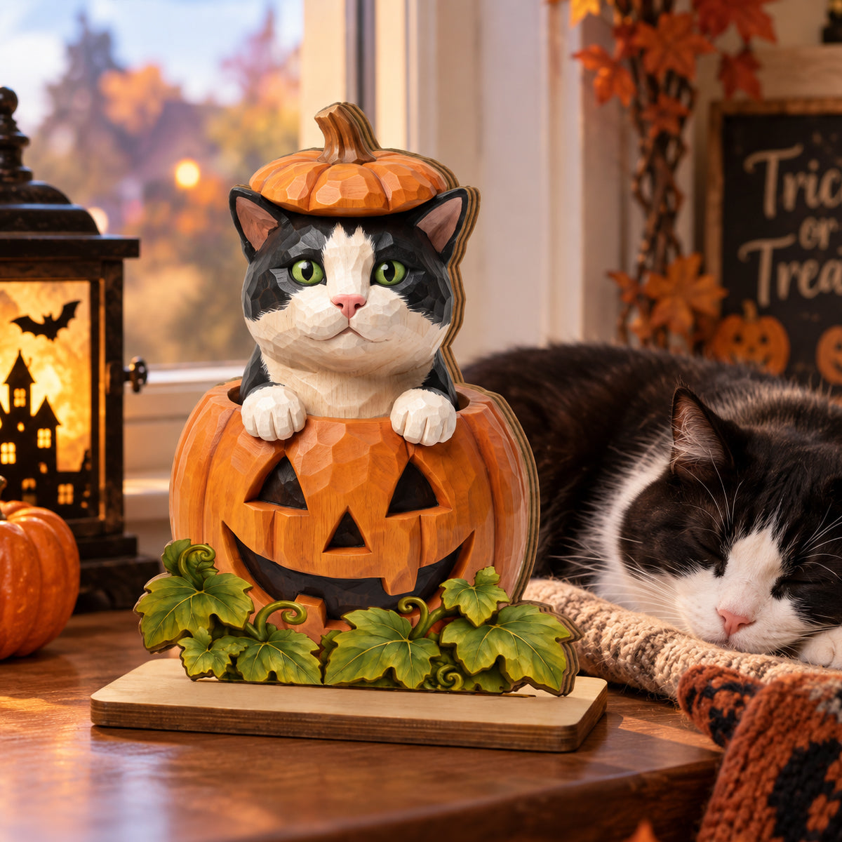 Custom Dog Cat Pumpkin Art - Personalized 2-Layered Wooden Plaque - Pet Halloween Fall Decor