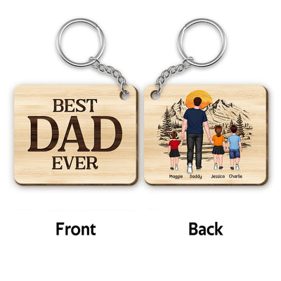 Best Dad Ever Walking Dad And Kids Back View Mountain Sketch Personalized Wooden Keychain