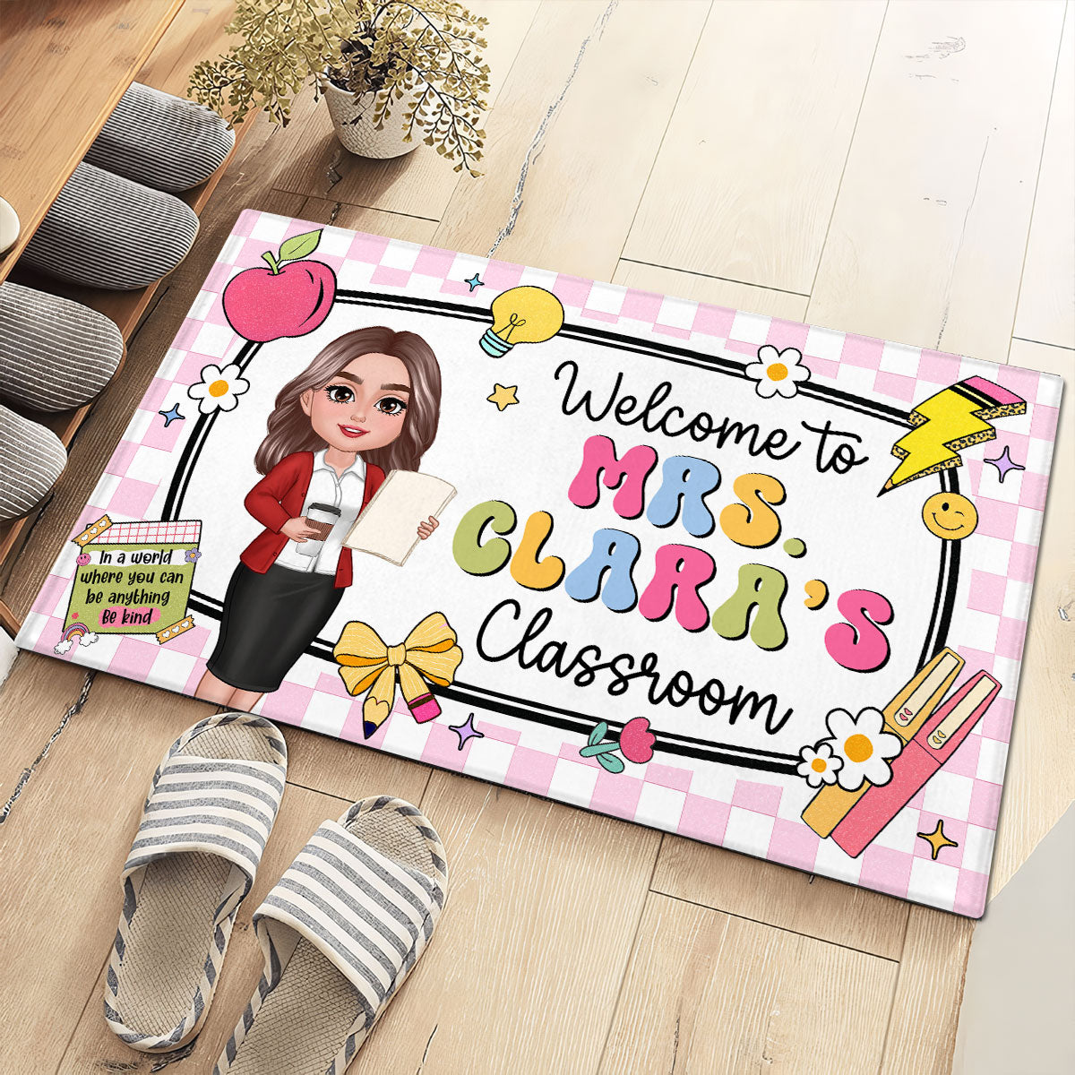Teacher Checkered Pattern Welcome To Classroom Personalized Doormat| Back To School Gift, Classroom Decoration