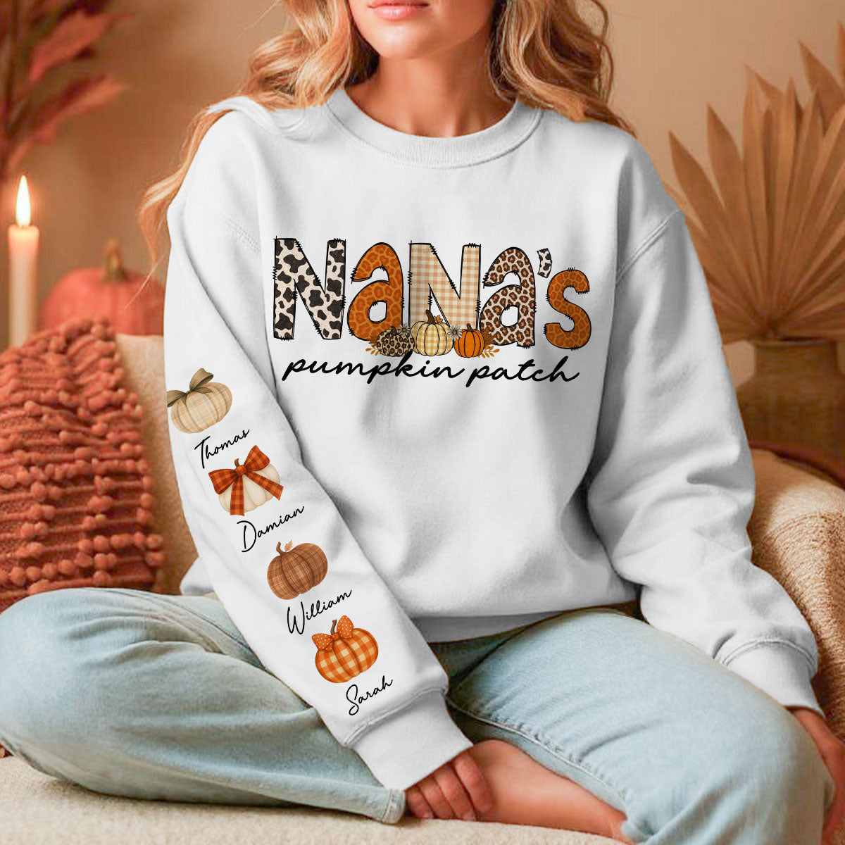 Grandma's Little Pumpkins Leopard Fall Pattern Personalized Sweatshirt, Fall Clothes Cozy Vibe for Grandma Mama Gigi Nana