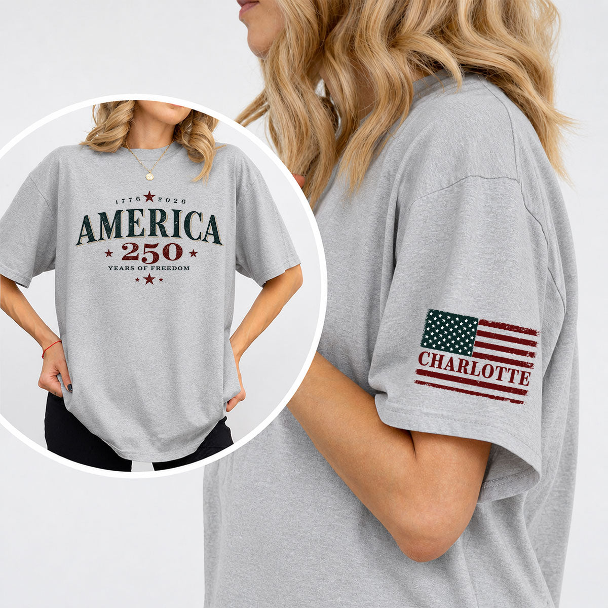 Retro America 250th Anniversary 250 Years Of Freedom - Personalized Sleeve Printed Shirt - Family Matching Shirt, Patriotic Crew Shirt