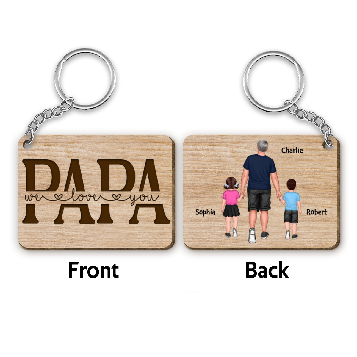 Best Papa Ever Back View Walking Man & Kids Personalized Wooden Keychain