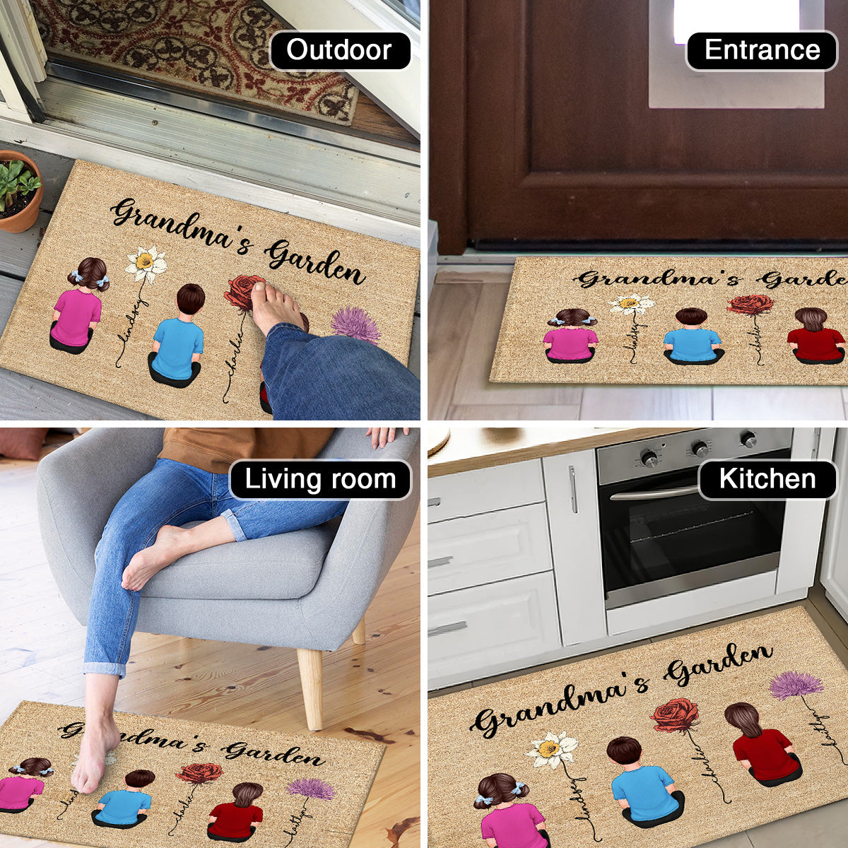 Grandkids Sitting Grandma Garden Vintage Birth Month Flowers Personalized Doormat