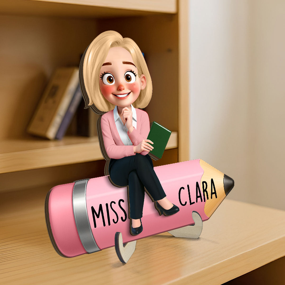 Cute Cartoon Teacher Sitting On Pencil Personalized 2-Layer Wooden Plaque, Gift For Teacher