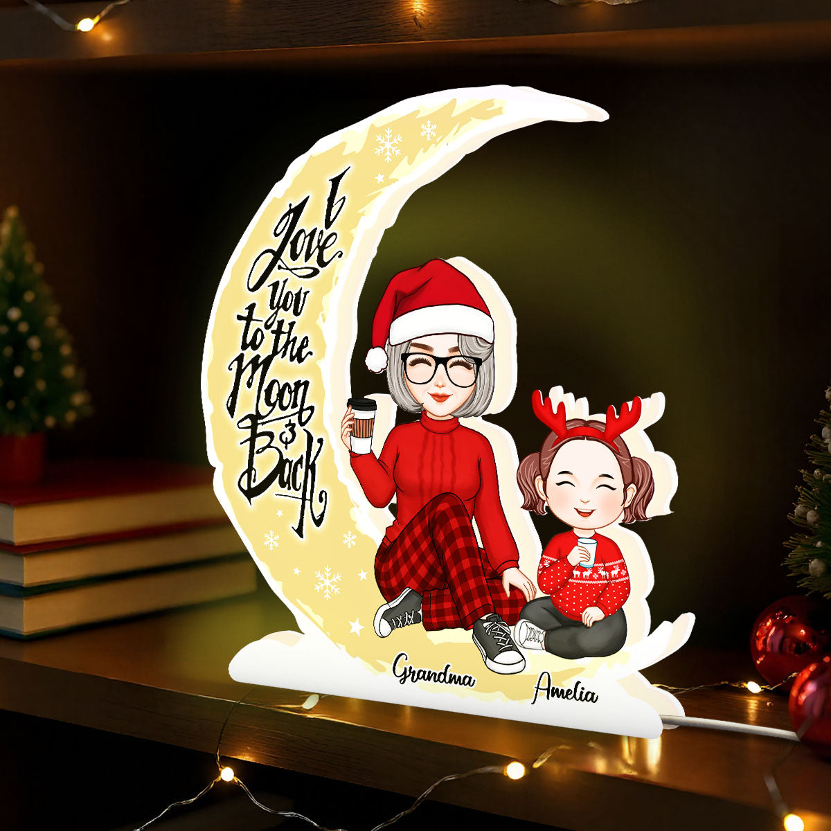 Cute Grandma & Grandkid On Yellow Moon Christmas Gift Personalized Light Box