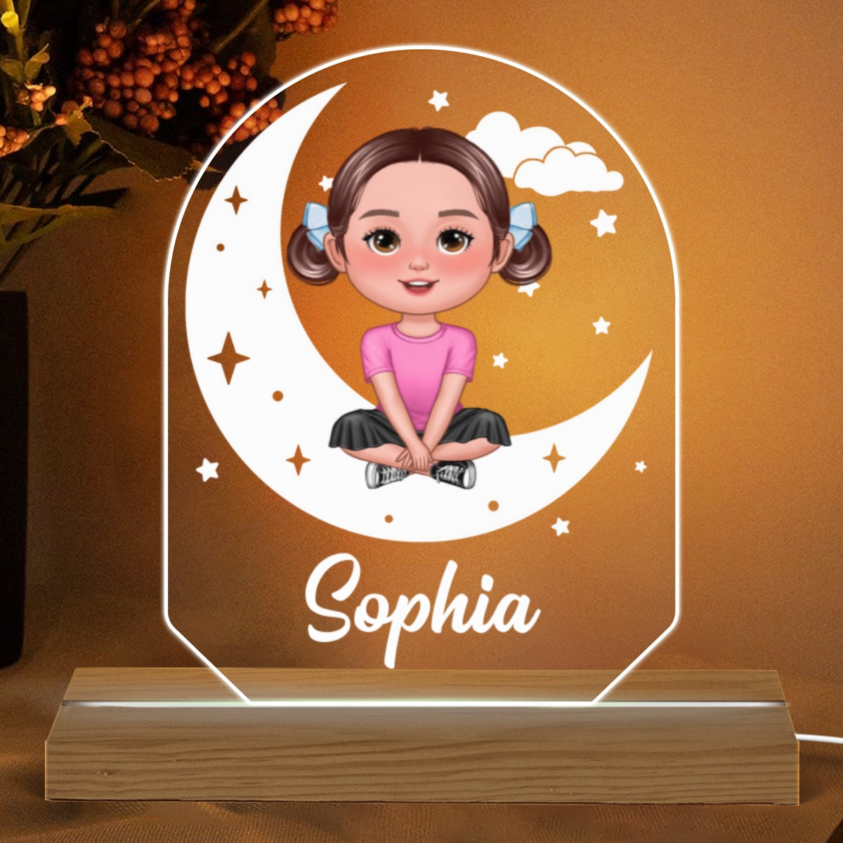 Cute Kid Sitting Crossed Legs On Moon Stars Gift For Kid Personalized Custom Shaped Acrylic Plaque With LED Night Light